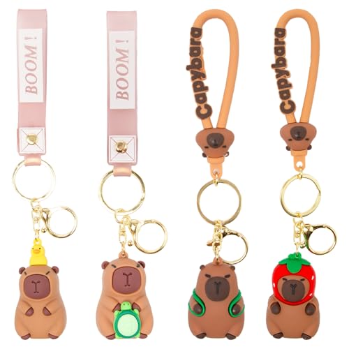 Neikafan Capybara Schlüsselanhänger Set 4 Stück Süße Capybara Kuscheltier Schlüsselanhänger Capybara Anhänger Mini für Ring, Schmuck, Taschenanhän, Rucksack Capybara Strawberry Keychain von Neikafan