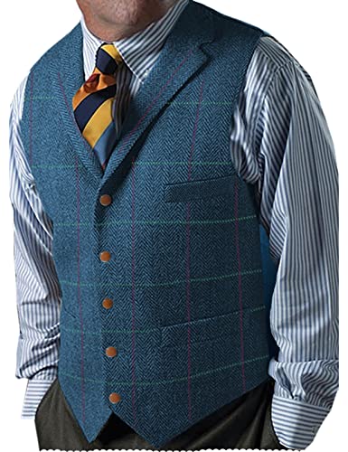 Herren Klassischer Tweed Anzug Weste Kerbe Revers Karierte Wollweste Herringbone Groomsman(Large,Blau) von Neil Melody