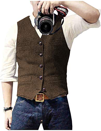 Neil Melody Herren Anzug Tweed Weste Fischgrät Formelles Kleid Weste Wolle Slim Fit Vintage(Large,Kaffee) von Neil Melody