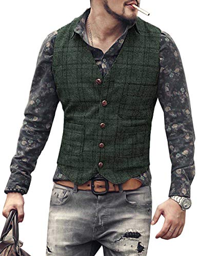 Neil Melody Herren Anzug Weste mit Fischgrätmuster Lässig kariert Tweed Wolle Weste Hochzeit Trauzeugen(Medium,Dunkelgrün) von Neil Melody