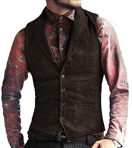 Neil Melody Herren Anzug mit Fischgrätmuster Formale Westen Tweed Smoking Westen Wolle Trauzeuge(Small,Kaffee) von Neil Melody