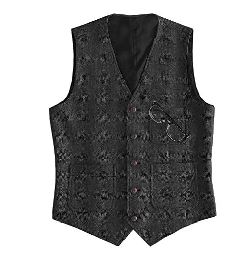 Neil Melody Herren Anzug mit Fischgrätmuster Formelles Tweed-Wollkleid Weste Hochzeit Groomsmen(X-Large,Schwarz) von Neil Melody