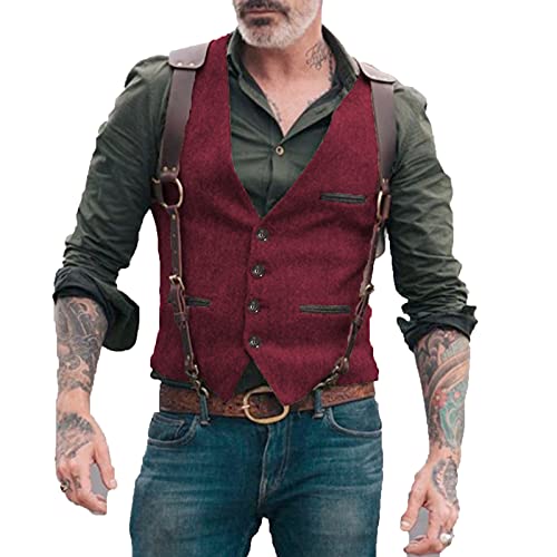 Neil Melody Herren Fischgrät Anzüge Westen Business Tweed schmale Passform Weste Wolle Trauzeuge S-3XL(3X-Large,Burgund) von Neil Melody