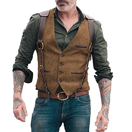 Neil Melody Herren Fischgrät Anzüge Westen Business Tweed schmale Passform Weste Wolle Trauzeuge S-3XL(Large,Braun) von Neil Melody