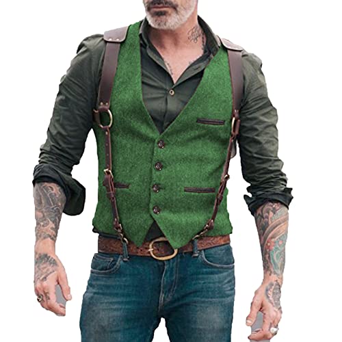 Neil Melody Herren Fischgrät Anzüge Westen Business Tweed schmale Passform Weste Wolle Trauzeuge S-3XL(Large,Grün) von Neil Melody