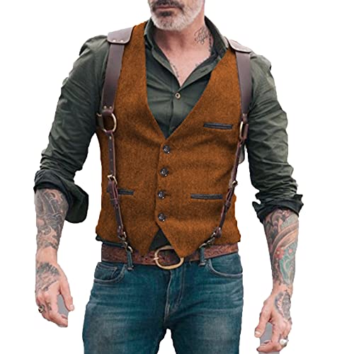 Neil Melody Herren Fischgrät Anzüge Westen Business Tweed schmale Passform Weste Wolle Trauzeuge S-3XL(Medium,Orange) von Neil Melody