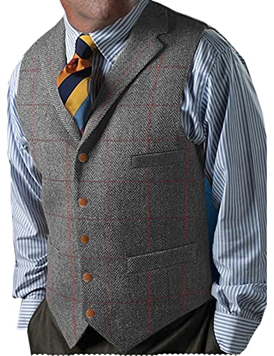 Neil Melody Herren Klassischer Tweed Anzug Weste Kerbe Revers Karierte Wollweste Herringbone Groomsman(Large,Grau) von Neil Melody