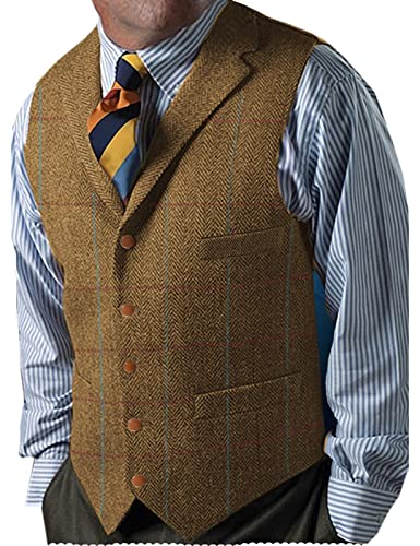 Neil Melody Herren Klassischer Tweed Anzug Weste Kerbe Revers Karierte Wollweste Herringbone Groomsman(Medium,Braun) von Neil Melody