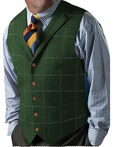 Neil Melody Herren Klassischer Tweed Anzug Weste Kerbe Revers Karierte Wollweste Herringbone Groomsman(XX-Large,Grün) von Neil Melody