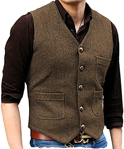 Neil Melody Herren Westen Kleid Retro Fischgrät Wolle Tweed Kerbe Revers Anzug Westen Slim Fit(Large,Braun) von Neil Melody