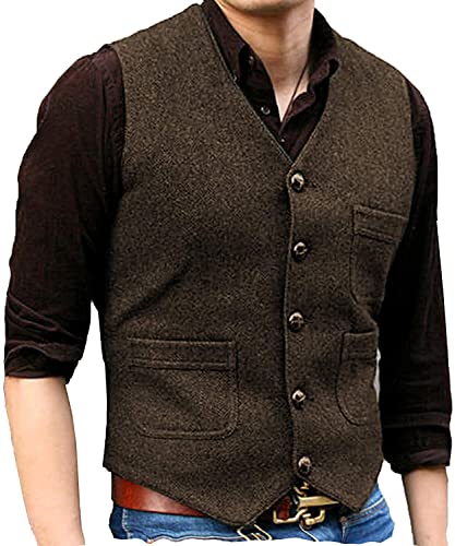 Neil Melody Herren Westen Kleid Retro Fischgrät Wolle Tweed Kerbe Revers Anzug Westen Slim Fit(Medium,Kaffee) von Neil Melody