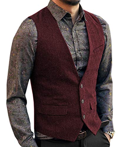 Neil Melody Herren Wolle Herringbone Tweed Lässig Weste Business Anzug Weste Slim-Fit(3X-Large,Burgund) von Neil Melody