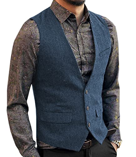 Neil Melody Herren Wolle Herringbone Tweed Lässig Weste Business Anzug Weste Slim-Fit(3X-Large,Helle Marine) von Neil Melody