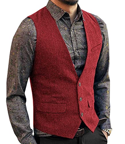 Neil Melody Herren Wolle Herringbone Tweed Lässig Weste Business Anzug Weste Slim-Fit(3X-Large,Rot) von Neil Melody