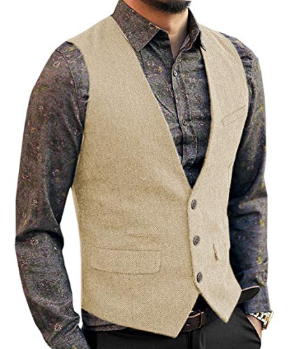 Neil Melody Herren Wolle Herringbone Tweed Lässig Weste Business Anzug Weste Slim-Fit(Large,Champagner) von Neil Melody