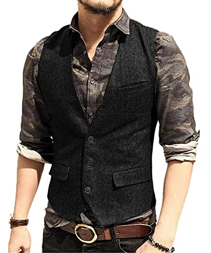 Neil Melody Herren Wolle Herringbone Tweed Lässig Weste Business Anzug Weste Slim-Fit(X-Large,Schwarz) von Neil Melody