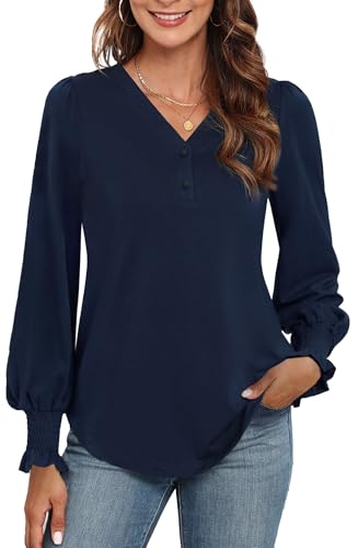 Neineiwu Bluse Damen Elegant Langarm Tops Lässig V-Ausschnitt Hemd Pullover Elegant Laternenärmel Oberteil,Marineblau,S von Neineiwu