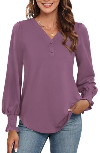 Neineiwu Bluse Damen Elegant Langarm Tops Lässig V-Ausschnitt Hemd Pullover Elegant Laternenärmel Oberteil,Mauve,XL von Neineiwu
