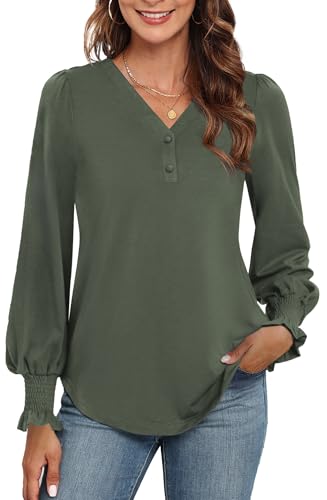 Neineiwu Bluse Damen Elegant Langarm Tops Lässig V-Ausschnitt Hemd Pullover Elegant Laternenärmel Oberteil,Olivgrün,L von Neineiwu