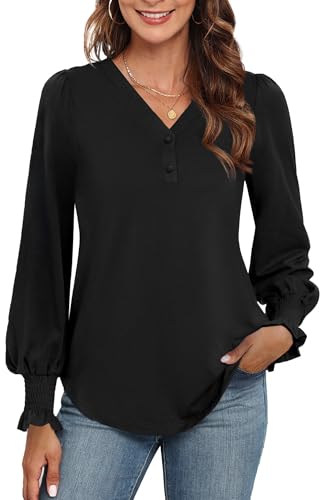 Neineiwu Bluse Damen Elegant Langarm Tops Lässig V-Ausschnitt Hemd Pullover Elegant Laternenärmel Oberteil,Schwarz,S von Neineiwu