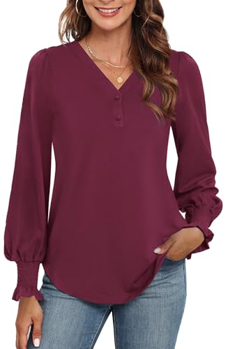 Neineiwu Bluse Damen Elegant Langarm Tops Lässig V-Ausschnitt Hemd Pullover Elegant Laternenärmel Oberteil,Weinrot,S von Neineiwu