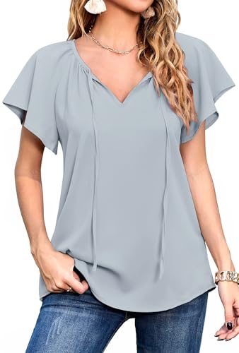 Neineiwu Bluse Damen Kurzarm T-Shirts V-Ausschnitt Blumen Falten Tunika Sommer Oberteile Locker Lässig Shirt Longbluse Damen lässig für Leggings Dame Pullover elegant rüschenbluse,Gray,M von Neineiwu