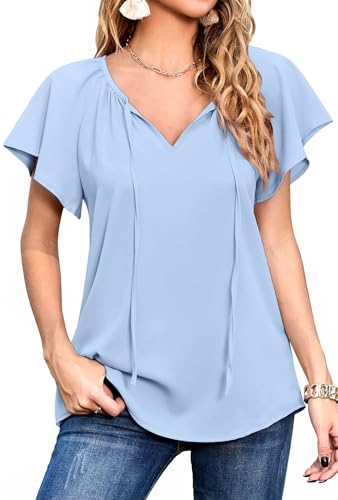 Neineiwu Bluse Damen Kurzarm T-Shirts V-Ausschnitt Blumen Falten Tunika Sommer Oberteile Locker Lässig Shirt Longbluse Damen lässig für Leggings Dame Pullover elegant rüschenbluse,Light Blue,M von Neineiwu