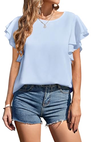 Neineiwu Bluse Damen Rundhals Oberteile doppelte Rüschenärmel Tunika Sommer Kausal Tops Damen Oberteile Crop Tops Damen Damen Geschenke Damen Tunika Pailletten Oberteil Kurzarm Bluse Damen,Blue,L von Neineiwu