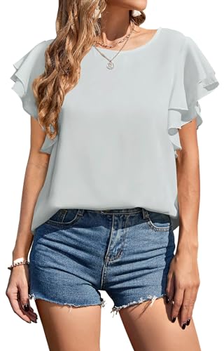 Neineiwu Bluse Damen Rundhals Oberteile doppelte Rüschenärmel Tunika Sommer Kausal Tops Damen Oberteile Damen Hemd Damen Geschenke Festliche blusen Damen Esprit Tshirt Damen Bluse elegant,Grey,S von Neineiwu