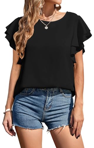 Neineiwu Bluse Damen Rundhals Oberteile doppelte Rüschenärmel Tunika Sommer Kausal Tops Damen Tunika Langarm Damen Hemd blusenrock Damen Bluse elegant Damen Tunika Longtop Damen Summer,Black,XL von Neineiwu