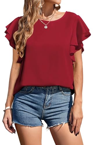 Neineiwu Bluse Damen Rundhals Oberteile doppelte Rüschenärmel Tunika Sommer Kausal Tops Damen Tunika Langarm Dame Hemd blusenrock Dame Bluse elegant Tunika Longtop Summer,Red,XL von Neineiwu