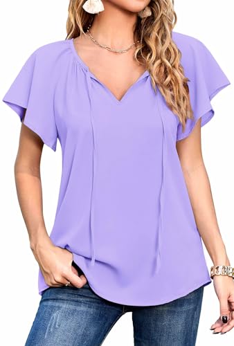Neineiwu Bluse Kurzarm Damen Shirts Casual Elegante Bluse V-Ausschnitt Tunika Tops für Damen blusenrock Fashion Made in Italy blusen Damen elegant festlich Tunika Damen Langarm,Purple,S von Neineiwu