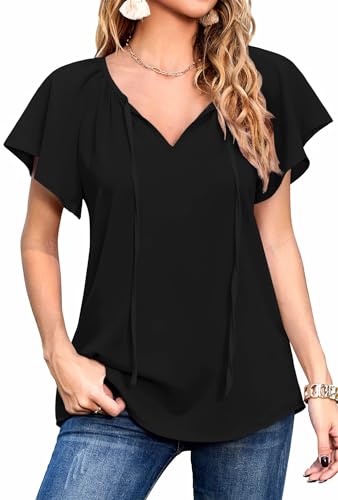 Neineiwu Damen Bluse Elegant V-Ausschnitt Kurzarm Lose Drawstring Damenblusen Oberteile Damen blusenrock Longbluse Damen lässig für Leggings Damen Bluse Langarm Tshirt Damen,Black,XXL von Neineiwu