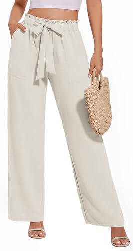 Neineiwu Damen Breite Hosen Palazzo Sommer Casual High Waisted Weite Hose mit Taschen,Stoffhose Damen Sommer,Leinenhose Dame,Paperbag Hosen Dame,Cremefarben,L von Neineiwu