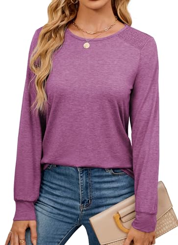 Neineiwu Damen Casual Langarm Tops Geraffte Schultern Einfarbig Strick T Shirts Blusen,L von Neineiwu