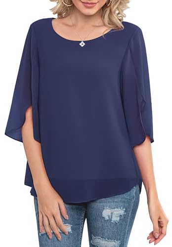 Neineiwu Damen Chiffon Tunika Lässig Rundkragen 3/4-Ärmeln Bluse Mesh Fließende Shirts Loose Fit Oberteile Blusenshirt Sexy Elegant von Neineiwu