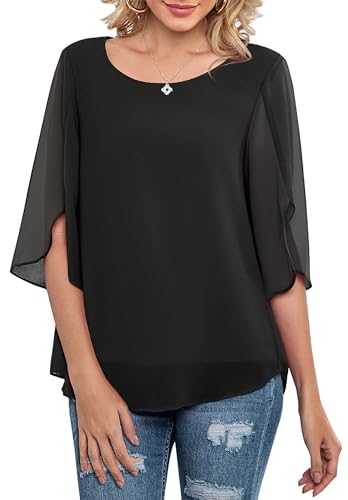 Neineiwu Damen Chiffon Tunika Lässig Rundkragen Damen Bluse 3/4 arm Mesh Fließende Shirts Loose Fit Oberteile blusen Dame elegant festlich Party Outfit Dame Schwarze Oberteile von Neineiwu