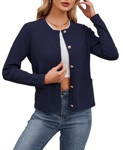 Neineiwu Damen Elastische Strickjacke Elegant Büro Jacke Rundhalsausschnitt Cardiagn mit Taschenklappen Hochzeit-Jacke von Neineiwu