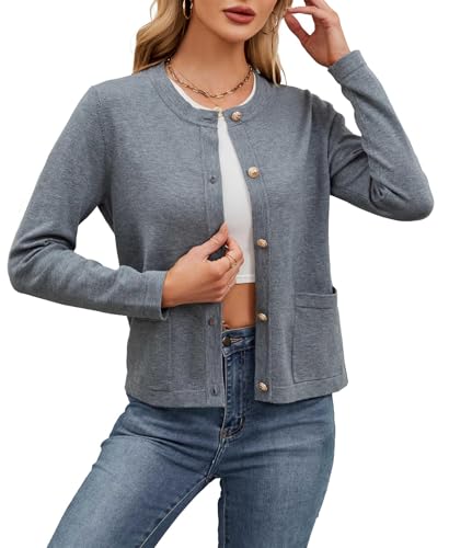 Neineiwu Damen Elastische Strickjacke Elegant Büro Jacke Rundhalsausschnitt Cardiagn mit Taschenklappen Hochzeit-Jacke von Neineiwu