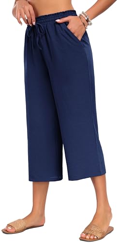 Neineiwu Damen Hosen Sommer Casual Leichte Palazzo Hose Hohe Taille Einfarbig Freizeithose Sommerhose Mit Taschen und Tunnelzug Sporthosen für Damen 3/4 Hose Damen,Dark Blue,XXL von Neineiwu