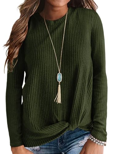 Neineiwu Damen Leichter Pullover Langarm Waffelstrick Tunika Henley Shirt Mit Knöpfen V-Ausschnitt, Armeegrün, S von Neineiwu