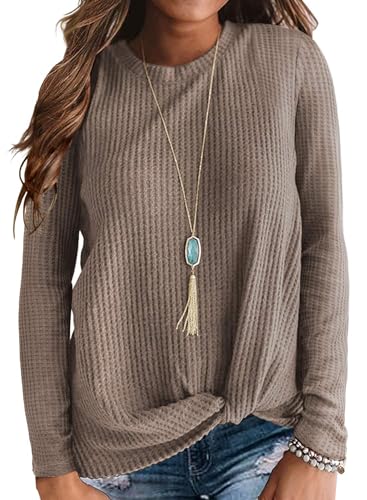Neineiwu Damen Oberteile Langarm Waffelstrick Henley Shirt Leichte PulloverRundhals Shirt Langarm Damen Pullover v Ausschnitt Henley Shirt Damen,Beige,L von Neineiwu