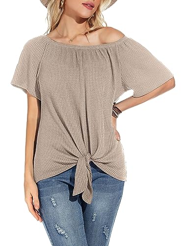 Neineiwu Damen-Oberteile mit Waffelmuster schulterfrei lässig kurzärmelig Blusen Sommer-T-Shirt mit Knoten und Knoten von Neineiwu