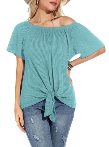 Neineiwu Damen-Oberteile mit Waffelmuster schulterfrei lässig kurzärmelig Blusen Sommer-T-Shirt mit Knoten und Knoten von Neineiwu