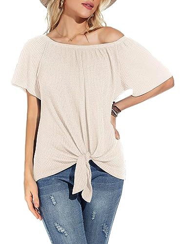 Neineiwu Damen-Oberteile mit Waffelmuster schulterfrei lässig kurzärmelig Blusen Sommer-T-Shirt mit Knoten und Knoten Neineiwu Damen-Oberteile mit Waffelmuster schulterfrei lässig kurzärmelig Blusen Sommer-T-Shirt mit Knoten und Knoten von Neineiwu