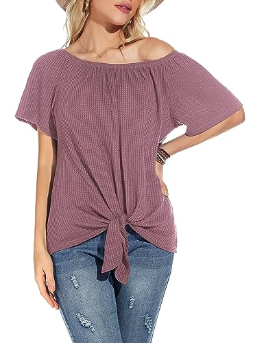 Neineiwu Damen-Oberteile mit Waffelmuster schulterfrei lässig kurzärmelig Blusen Sommer-T-Shirt mit Knoten und Knoten von Neineiwu