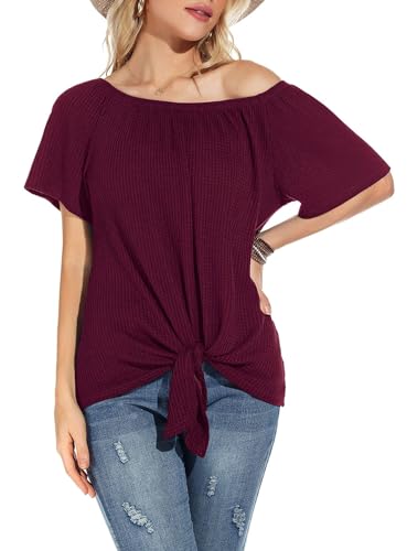 Neineiwu Damen-Oberteile mit Waffelmuster schulterfrei lässig kurzärmelig Blusen Sommer-T-Shirt mit Knoten und Knoten von Neineiwu