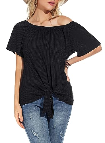Neineiwu Damen-Oberteile mit Waffelmuster schulterfrei lässig kurzärmelig Blusen Sommer-T-Shirt mit Knoten und Knoten von Neineiwu