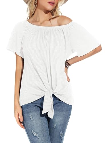 Neineiwu Damen-Oberteile mit Waffelmuster schulterfrei lässig kurzärmelig Blusen Sommer-T-Shirt mit Knoten und Knoten von Neineiwu