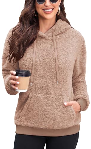 Neineiwu Damen Pullover Teddy Hoodie Fleece Sweatshirt Loose Pulli Oberteile mit Tasche,Khaki,M von Neineiwu
